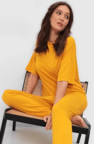Луксозна жълта дамска бамбукова пижама Valerie