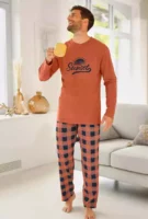 Мъжка памучна пижама на каре с дълъг ръкав